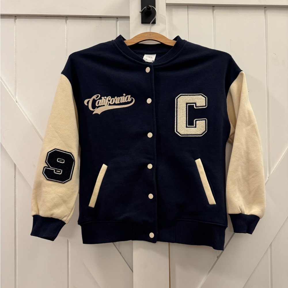 Zara Kids California Varsity Sweatshirt Button Down Jacket - Navy and Cream